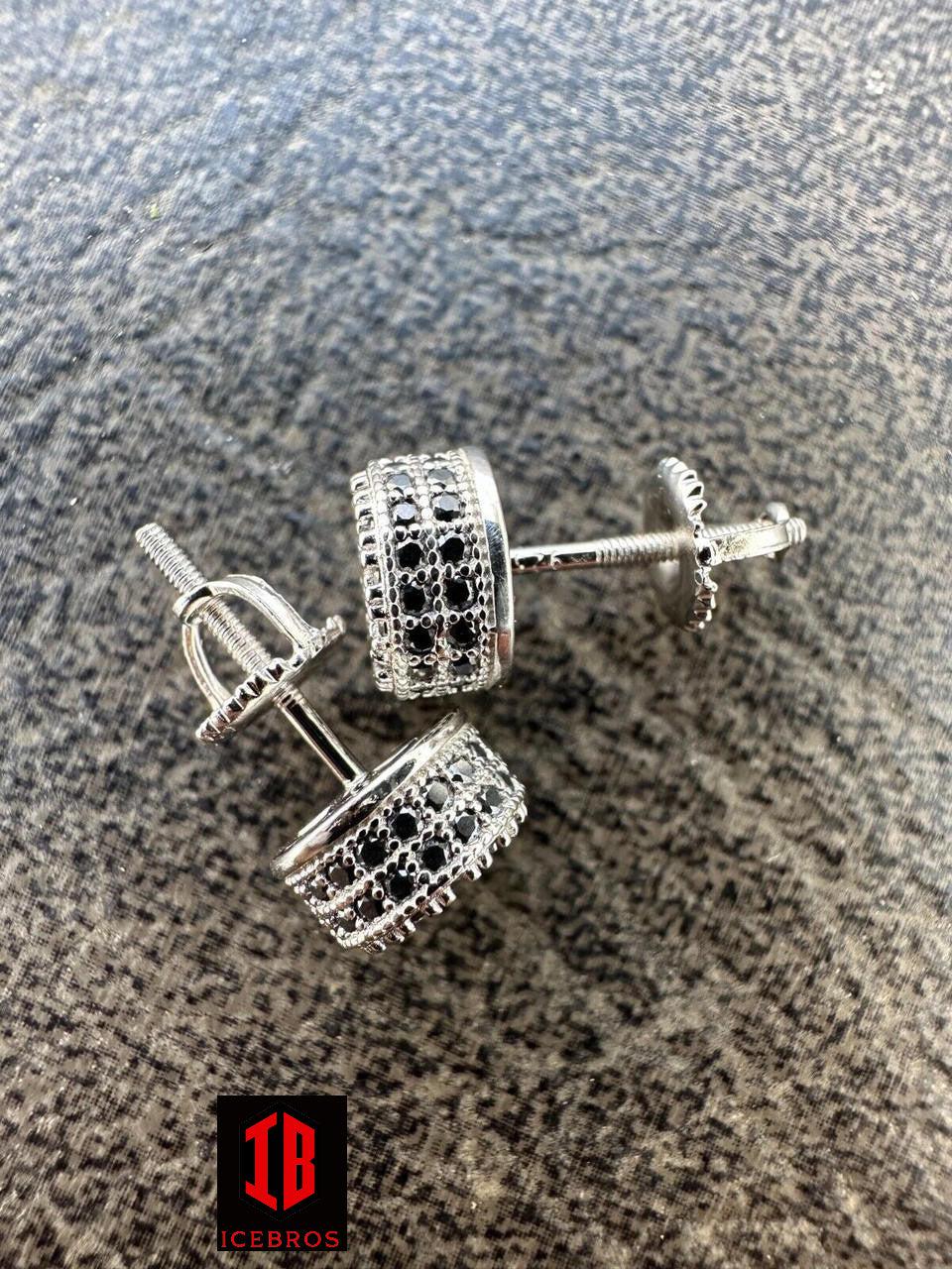 Black Moissanite 925 Silver Iced Hip Hop Earrings Small 1/3inch Studs (White Gold)