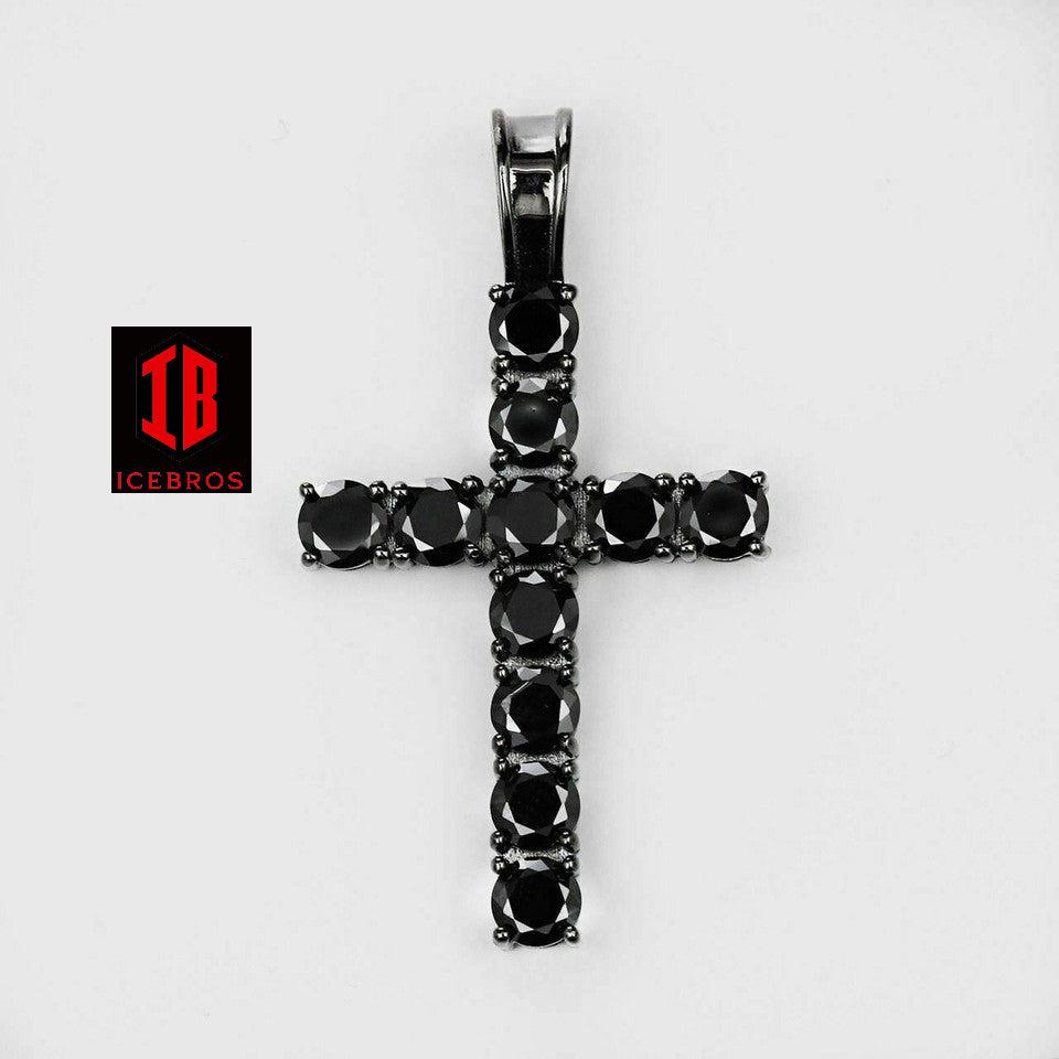 Tennis Link Cross Solid Real 925 Sterling Silver 4mm Black Diamonds 1 Row (CZ)