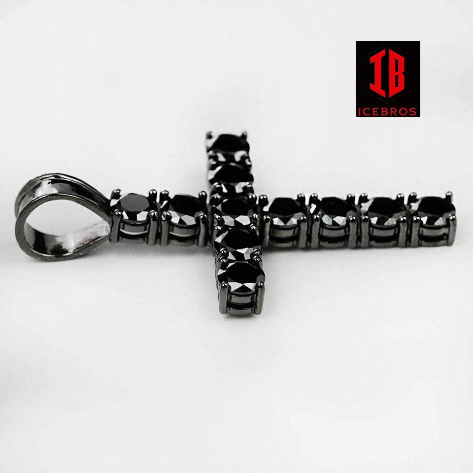 Tennis Link Cross Solid Real 925 Sterling Silver 4mm Black Diamonds 1 Row (CZ)