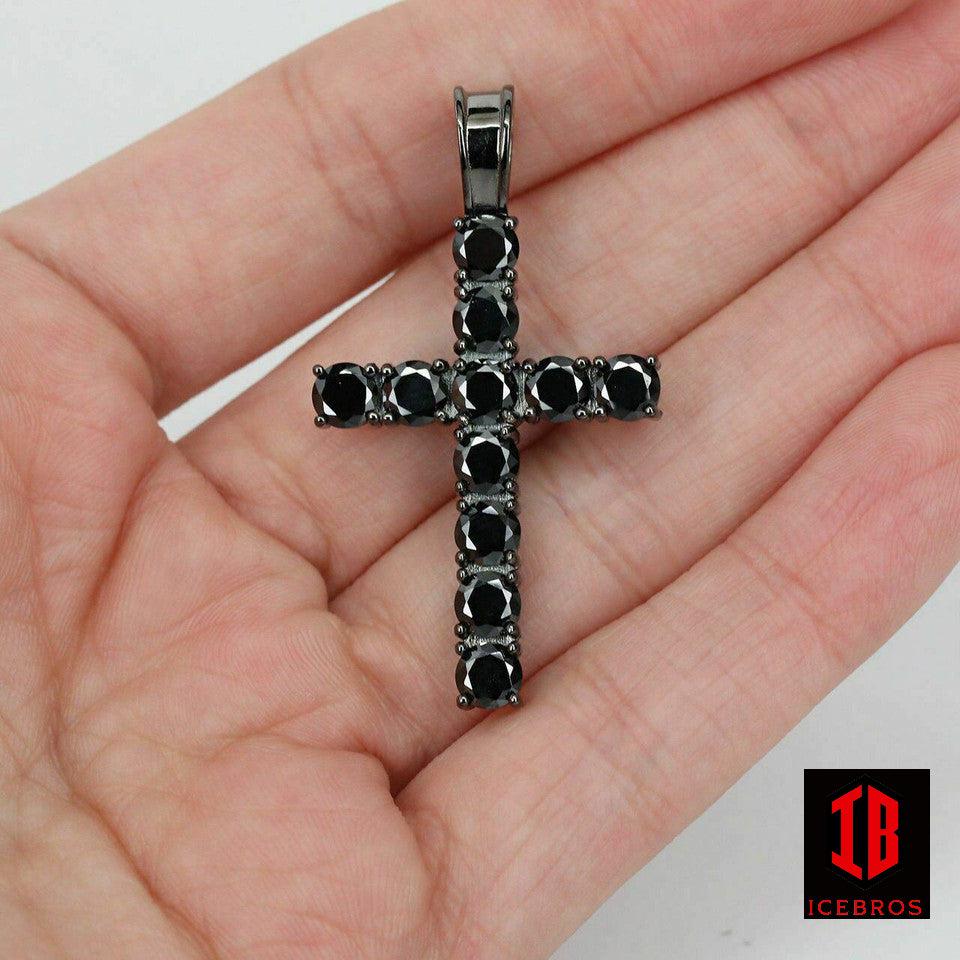 Tennis Link Cross Solid Real 925 Sterling Silver 4mm Black Diamonds 1 Row (CZ)