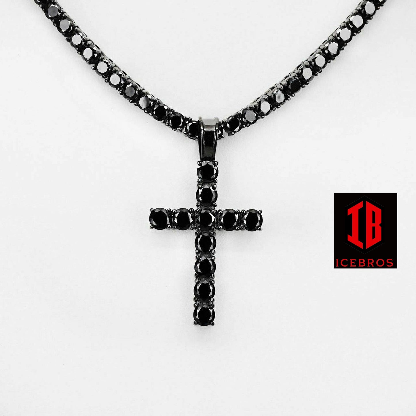 Tennis Link Cross Solid Real 925 Sterling Silver 4mm Black Diamonds 1 Row (CZ)