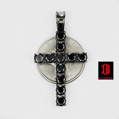 Tennis Link Cross Solid Real 925 Sterling Silver 4mm Black Diamonds 1 Row (CZ)