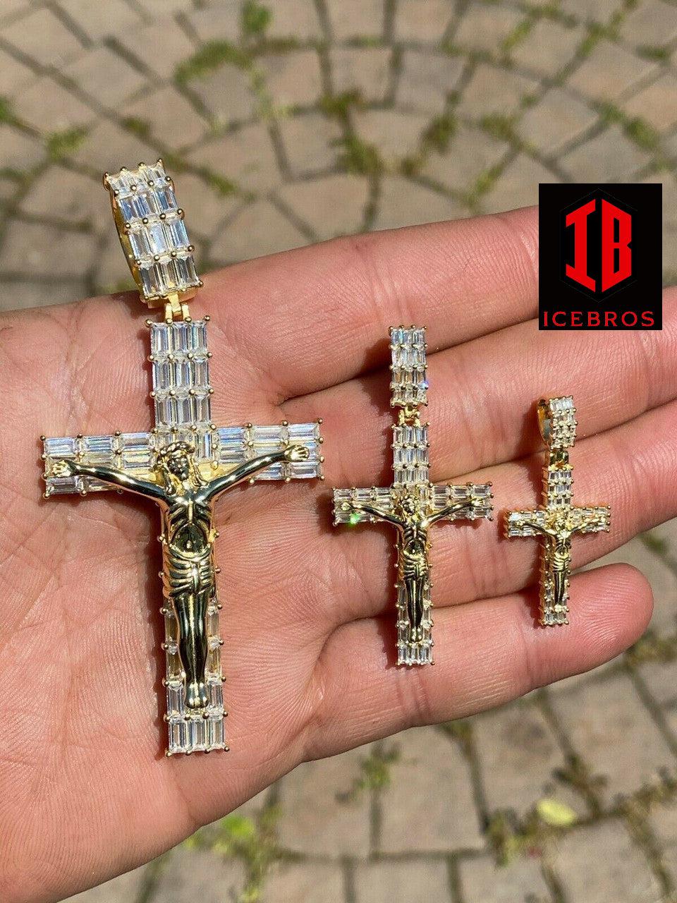 14k Gold Over 925 Sterling Silver Cross W. Jesus Pendant Baguette Iced Diamond (CZ)