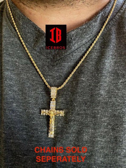 14k Gold Over 925 Sterling Silver Cross W. Jesus Pendant Baguette Iced Diamond (CZ)