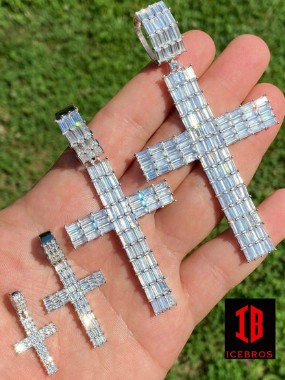 925 Sterling Silver Cross Pendant Baguette Iced CZ Necklace Hip-Hop (CZ)