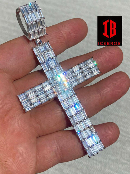 925 Sterling Silver Cross Pendant Baguette Iced CZ Necklace Hip-Hop (CZ)