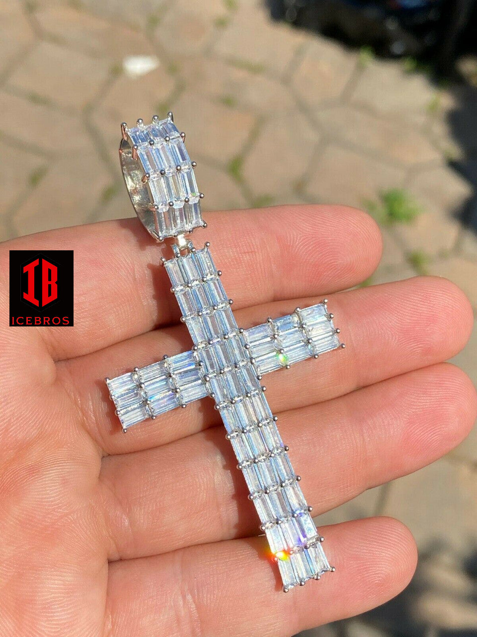 925 Sterling Silver Cross Pendant Baguette Iced CZ Necklace Hip-Hop (CZ)