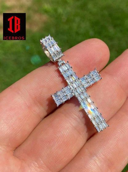 925 Sterling Silver Cross Pendant Baguette Iced CZ Necklace Hip-Hop (CZ)