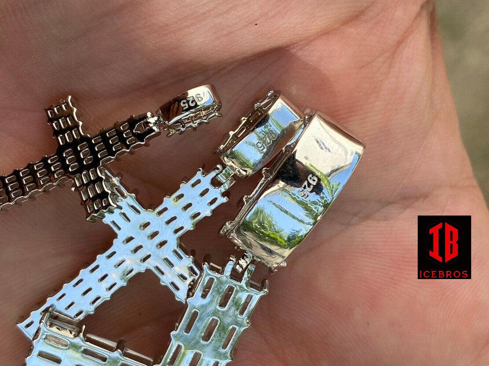 925 Sterling Silver Cross Pendant Baguette Iced CZ Necklace Hip-Hop (CZ)