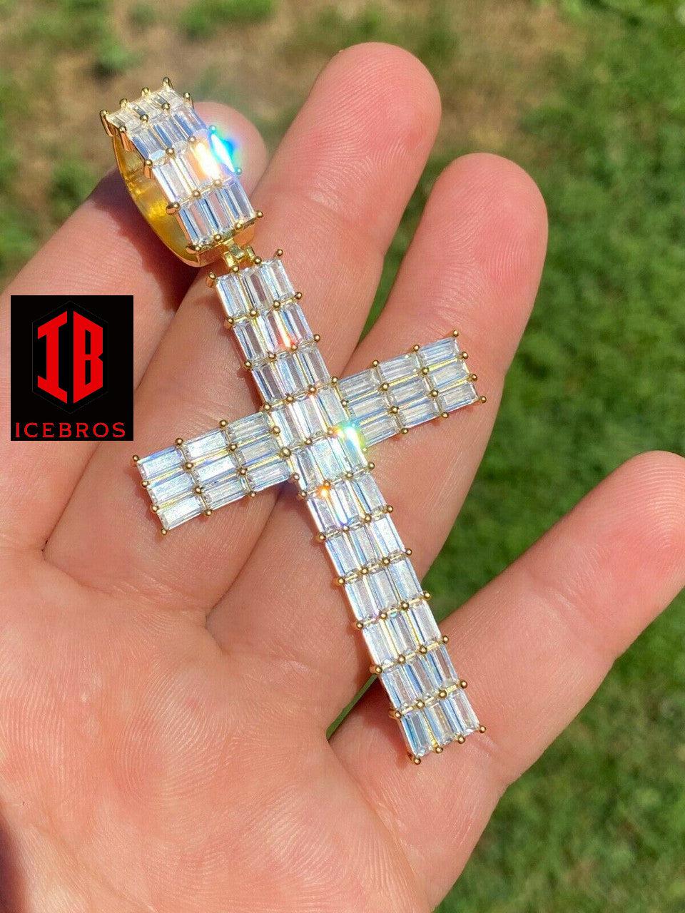 925 Sterling Silver Cross Pendant Baguette Iced CZ Necklace Hip-Hop (CZ)