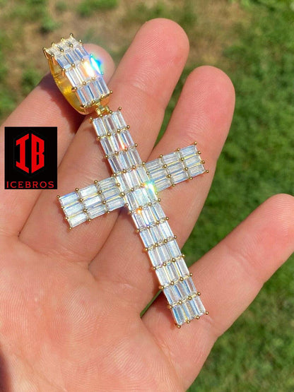 925 Sterling Silver Cross Pendant Baguette Iced CZ Necklace Hip-Hop (CZ)