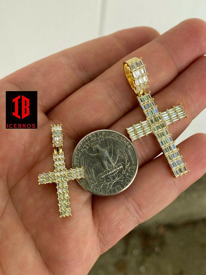 925 Sterling Silver Cross Pendant Baguette Iced CZ Necklace Hip-Hop (CZ)