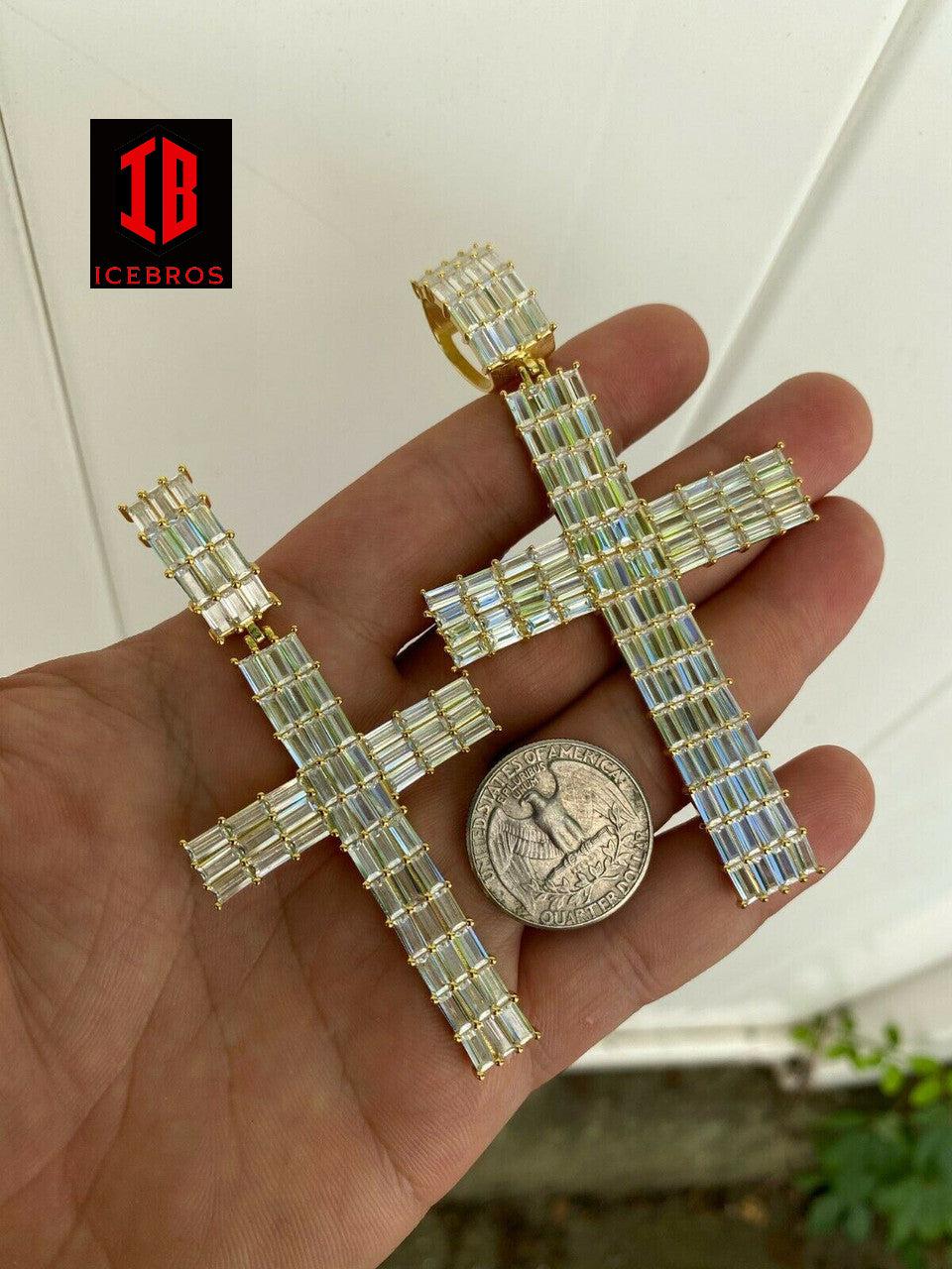 925 Sterling Silver Cross Pendant Baguette Iced CZ Necklace Hip-Hop (CZ)