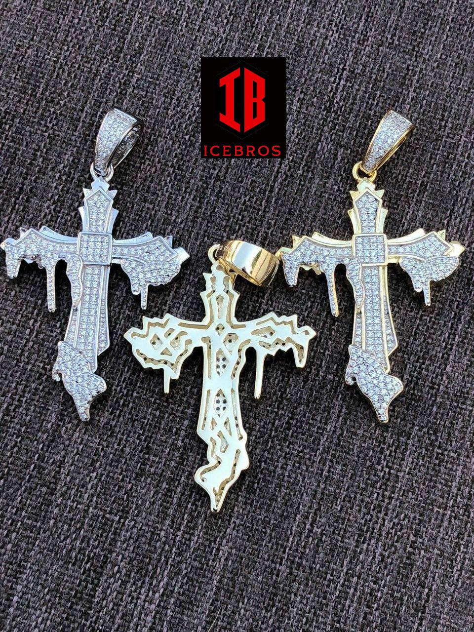 Vermeil 925 Sterling Two Tone Drip Cross Men's Iced Pendant Necklace Flooded Out (CZ)