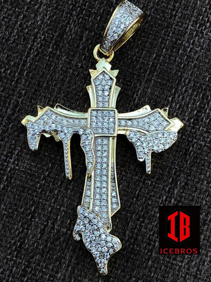 Vermeil 925 Sterling Two Tone Drip Cross Men's Iced Pendant Necklace Flooded Out (CZ)