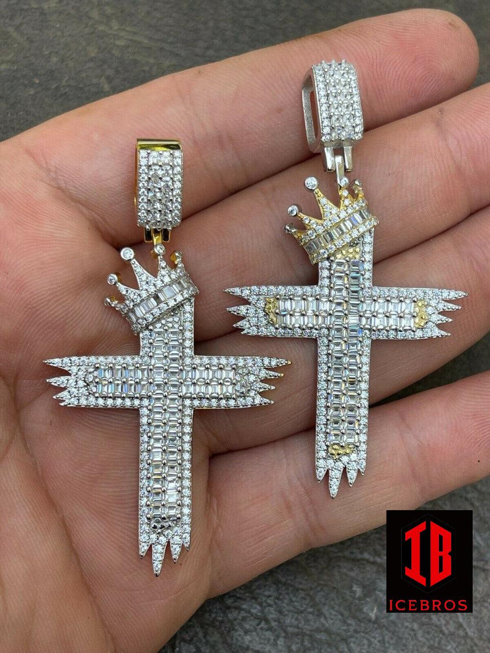 Mens 925 Sterling Baguette Diamond Cross King Crowned Pendant Iced out Gold (CZ)