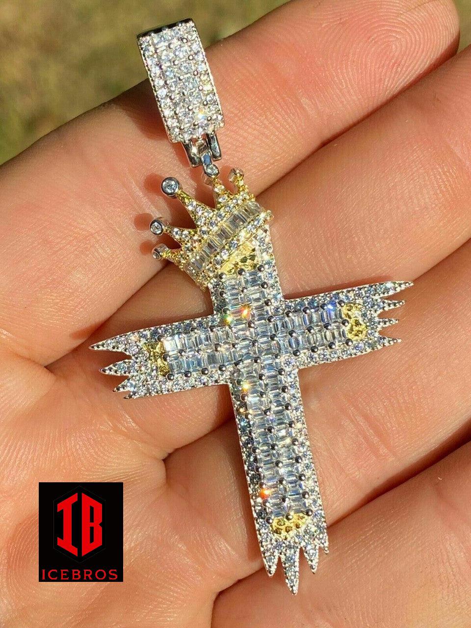 Mens 925 Sterling Baguette Diamond Cross King Crowned Pendant Iced out Gold (CZ)