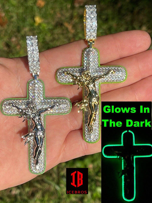 925 Silver Gold Large 3.5inch Glow In Dark Cross Jesus Iced Pendant Necklace (CZ)