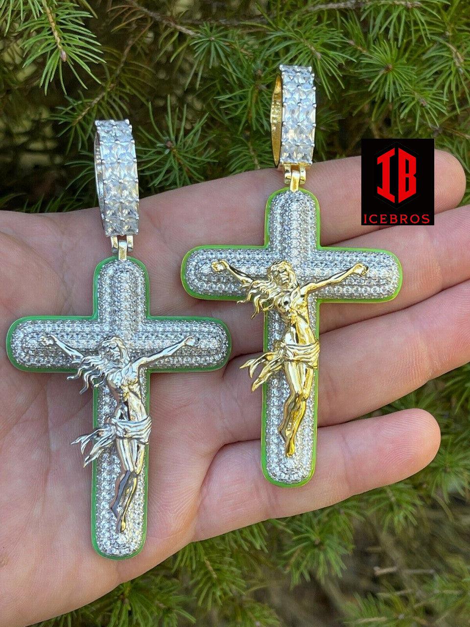 925 Silver Gold Large 3.5inch Glow In Dark Cross Jesus Iced Pendant Necklace (CZ)