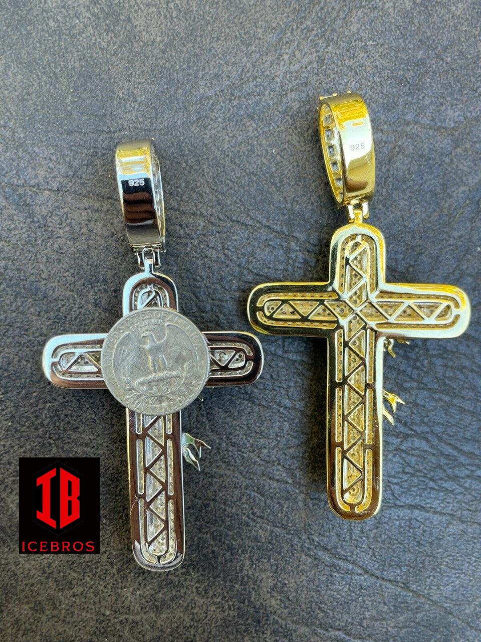 925 Silver Gold Large 3.5inch Glow In Dark Cross Jesus Iced Pendant Necklace (CZ)