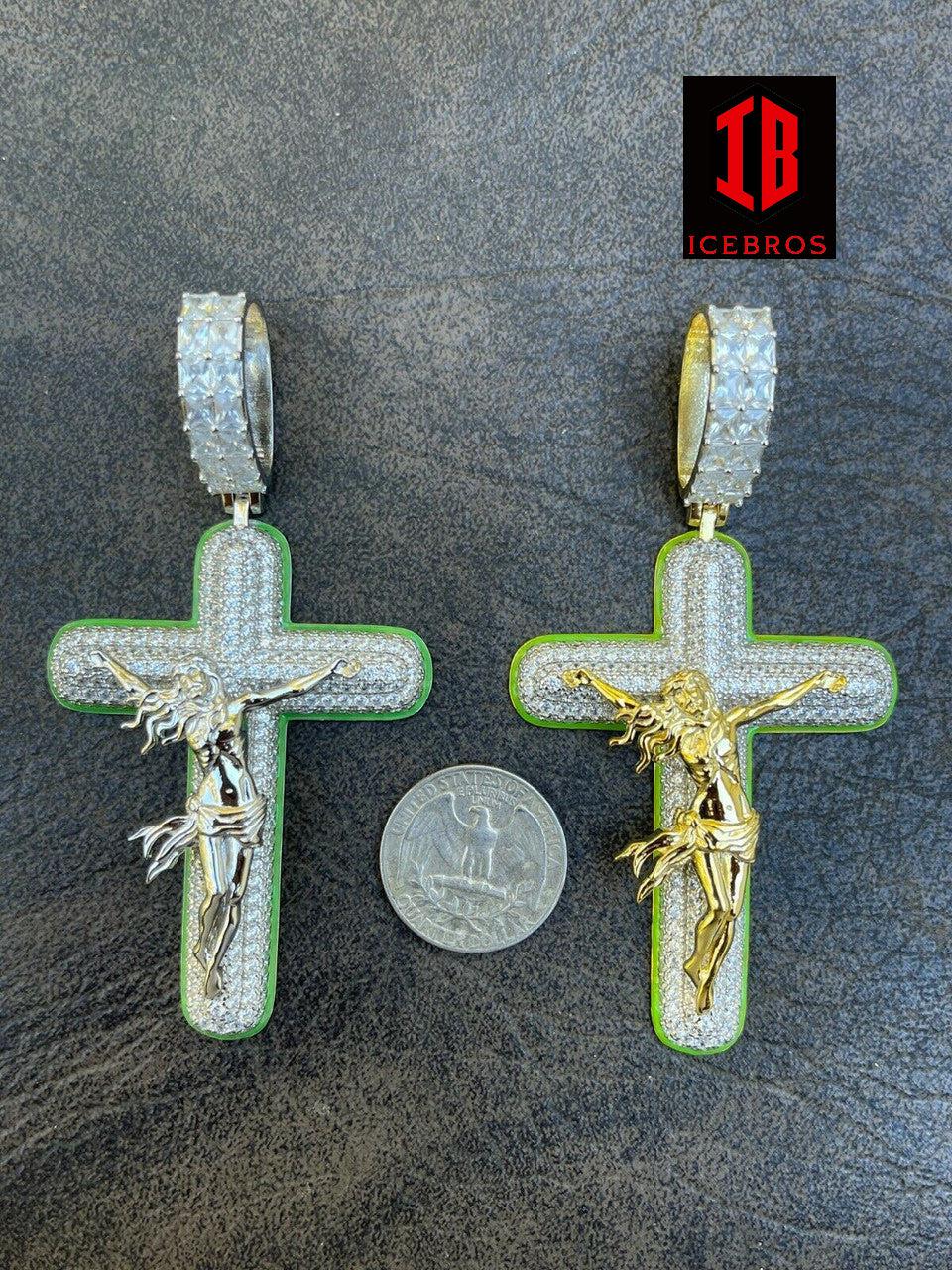 925 Silver Gold Large 3.5inch Glow In Dark Cross Jesus Iced Pendant Necklace (CZ)