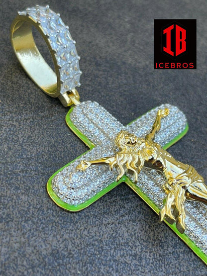 925 Silver Gold Large 3.5inch Glow In Dark Cross Jesus Iced Pendant Necklace (CZ)