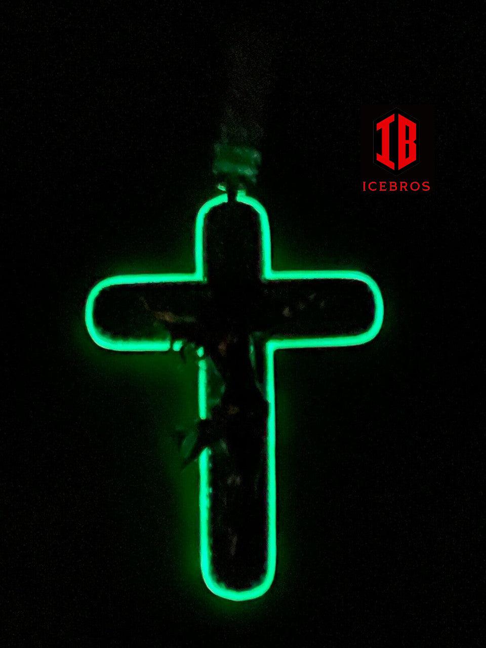 925 Silver Gold Large 3.5inch Glow In Dark Cross Jesus Iced Pendant Necklace (CZ)