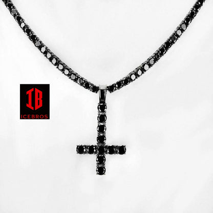 Upside Down Tennis Link Cross Solid Real 925 Sterling Silver 4mm Black Diamonds 1 Row (CZ)