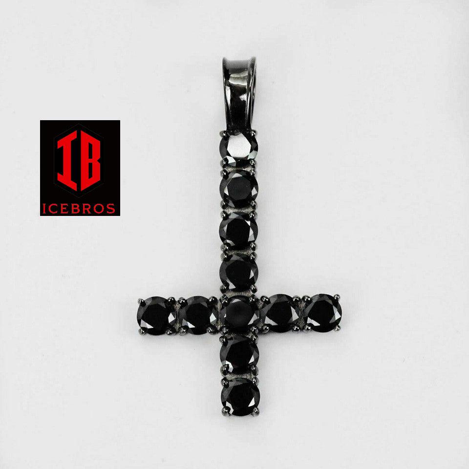 Upside Down Tennis Link Cross Solid Real 925 Sterling Silver 4mm Black Diamonds 1 Row (CZ)