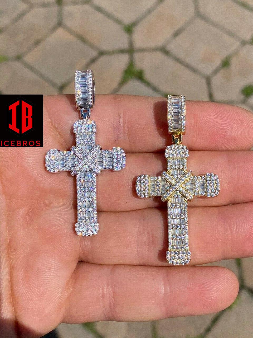 Real 925 Sterling Hip Hop Baguette Cross Pendant Gold Silver Men's Iced Necklace (CZ)