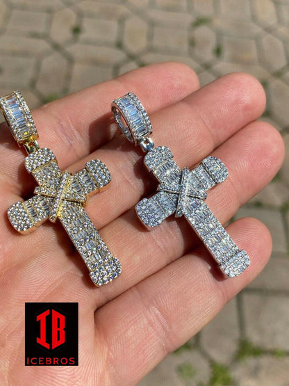 Real 925 Sterling Hip Hop Baguette Cross Pendant Gold Silver Men's Iced Necklace (CZ)