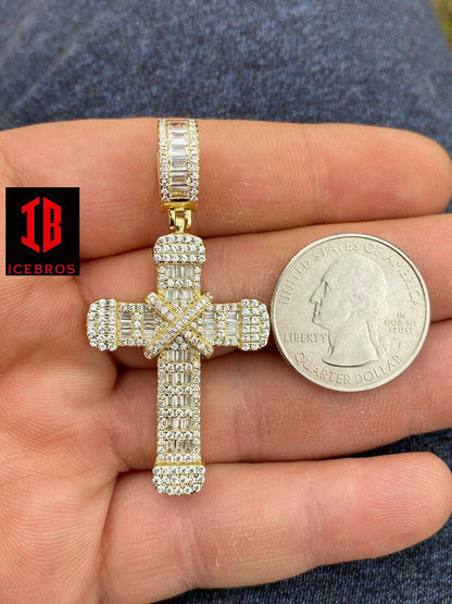 Real 925 Sterling Hip Hop Baguette Cross Pendant Gold Silver Men's Iced Necklace (CZ)