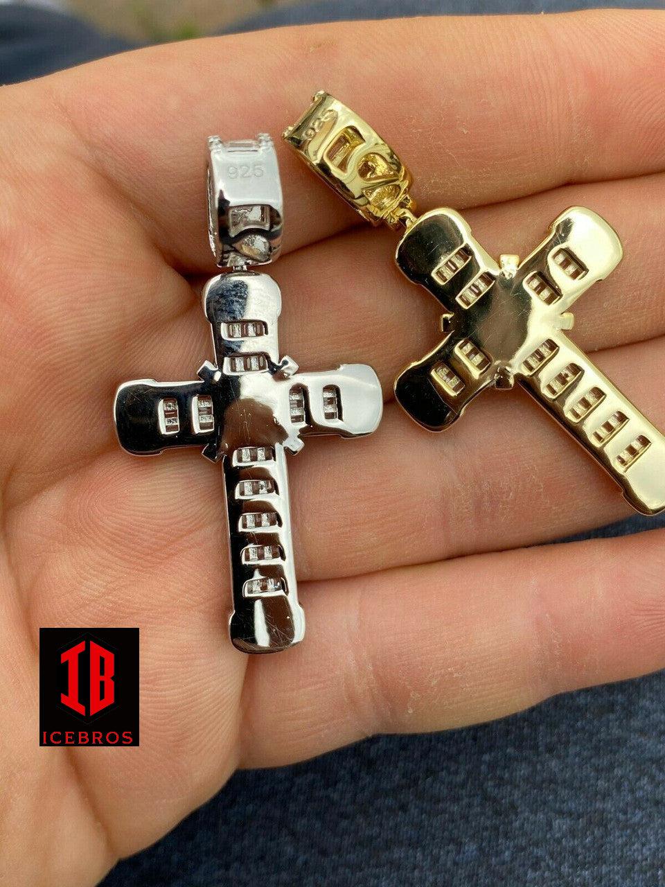 Real 925 Sterling Hip Hop Baguette Cross Pendant Gold Silver Men's Iced Necklace (CZ)