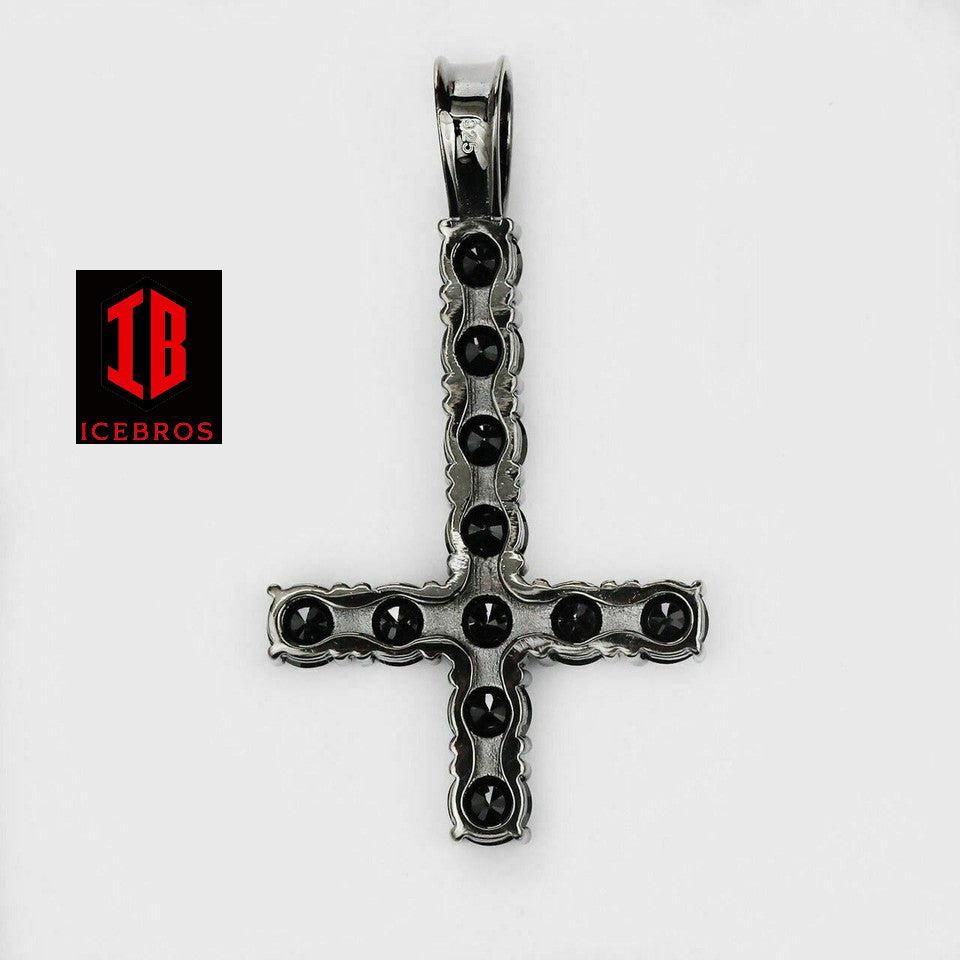 Upside Down Tennis Link Cross Solid Real 925 Sterling Silver 4mm Black Diamonds 1 Row (CZ)