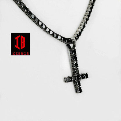 Upside Down Tennis Link Cross Solid Real 925 Sterling Silver 4mm Black Diamonds 1 Row (CZ)