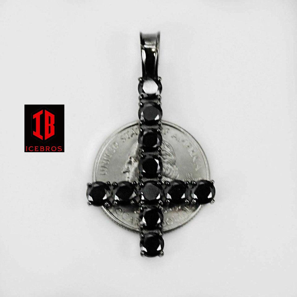 Upside Down Tennis Link Cross Solid Real 925 Sterling Silver 4mm Black Diamonds 1 Row (CZ)