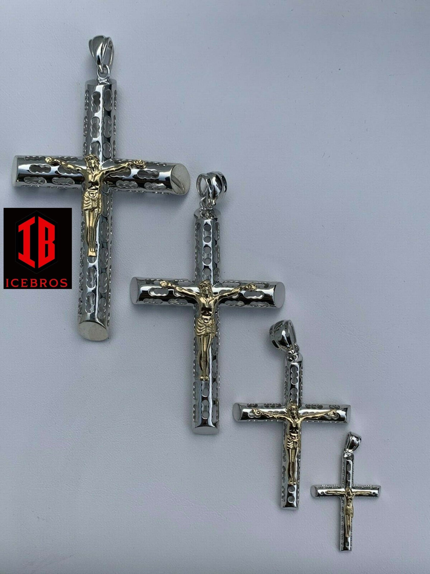 unisex Solid 925 Silver & 14k Gold Cross Jesus Piece 1-3inch ITALY