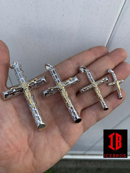 unisex Solid 925 Silver & 14k Gold Cross Jesus Piece 1-3inch ITALY