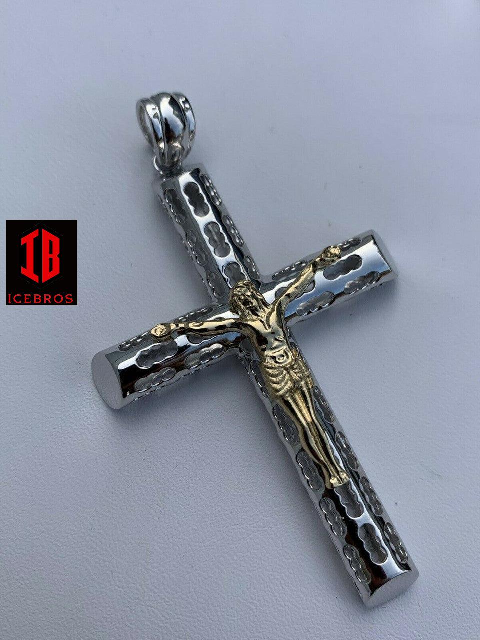 unisex Solid 925 Silver & 14k Gold Cross Jesus Piece 1-3inch ITALY