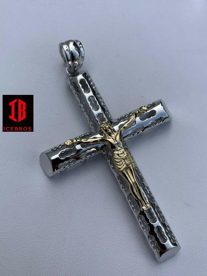 unisex Solid 925 Silver & 14k Gold Cross Jesus Piece 1-3inch ITALY