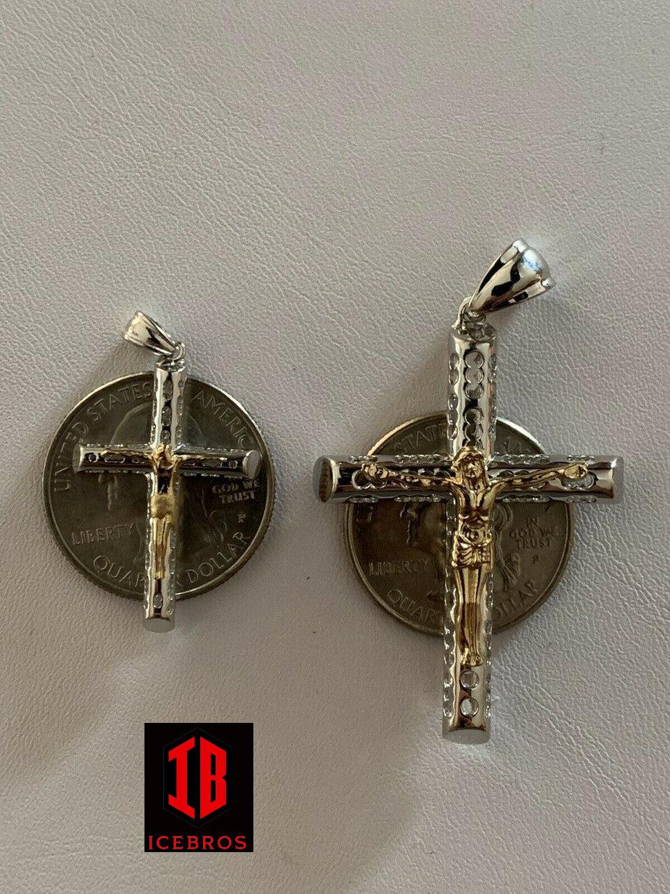 unisex Solid 925 Silver & 14k Gold Cross Jesus Piece 1-3inch ITALY