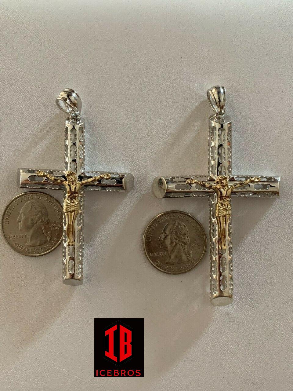 unisex Solid 925 Silver & 14k Gold Cross Jesus Piece 1-3inch ITALY