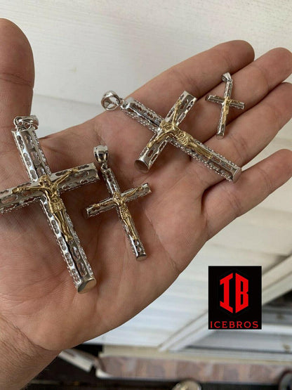 unisex Solid 925 Silver & 14k Gold Cross Jesus Piece 1-3inch ITALY