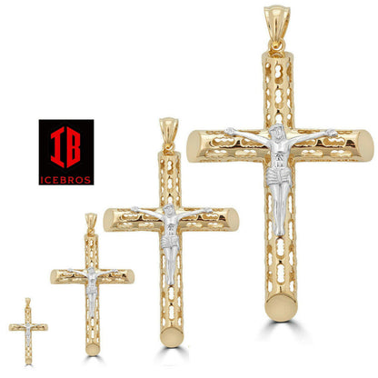 unisex Solid 925 Silver & 14k Gold Cross Jesus Piece 1-3inch ITALY