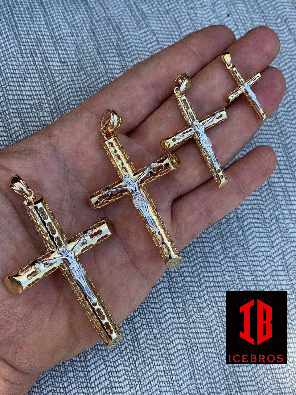 unisex Solid 925 Silver & 14k Gold Cross Jesus Piece 1-3inch ITALY