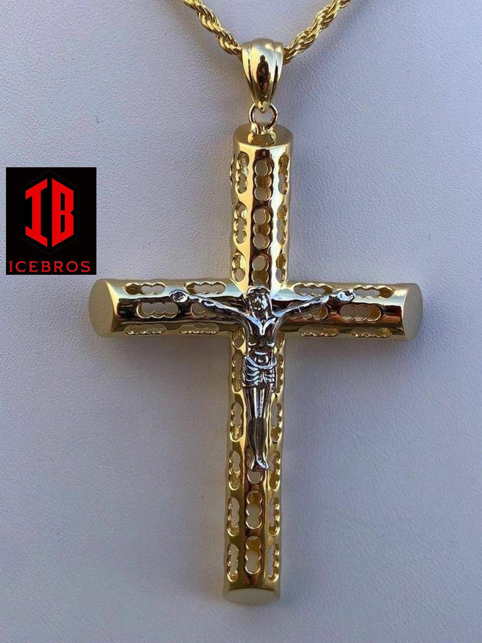 unisex Solid 925 Silver & 14k Gold Cross Jesus Piece 1-3inch ITALY