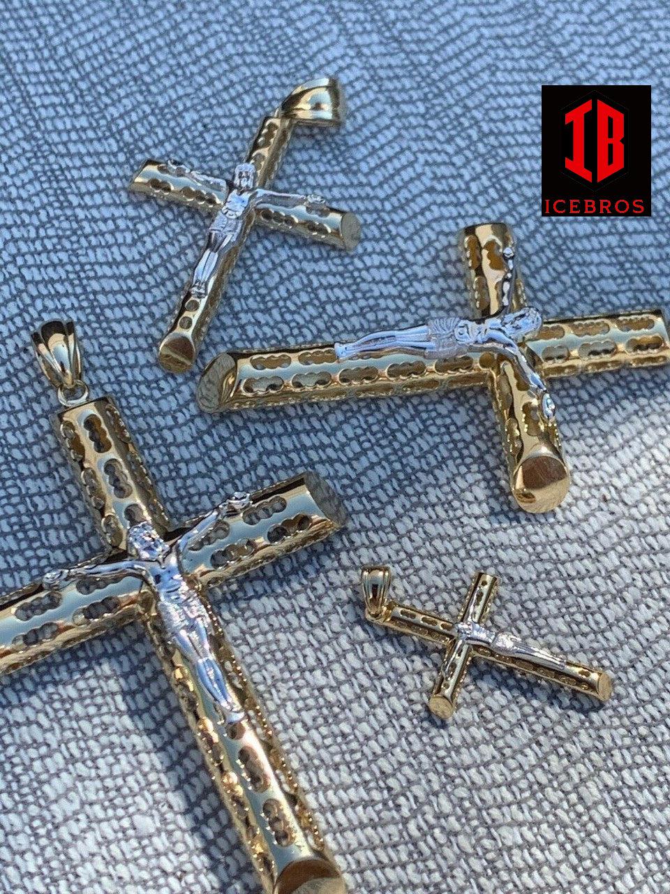 unisex Solid 925 Silver & 14k Gold Cross Jesus Piece 1-3inch ITALY