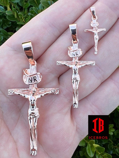 14KT Gold Over Solid 925 Silver Cross Jesus Piece Crucifix Charm Necklace