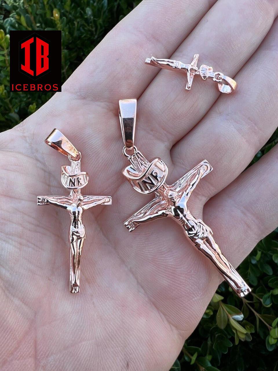 14KT Gold Over Solid 925 Silver Cross Jesus Piece Crucifix Charm Necklace