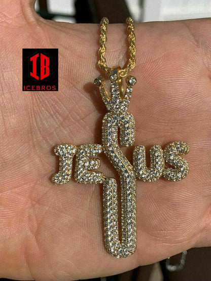 Men's 925 Silver Large Cross Crown Jesus Word Piece Pendant Real Bubble Letters (CZ)